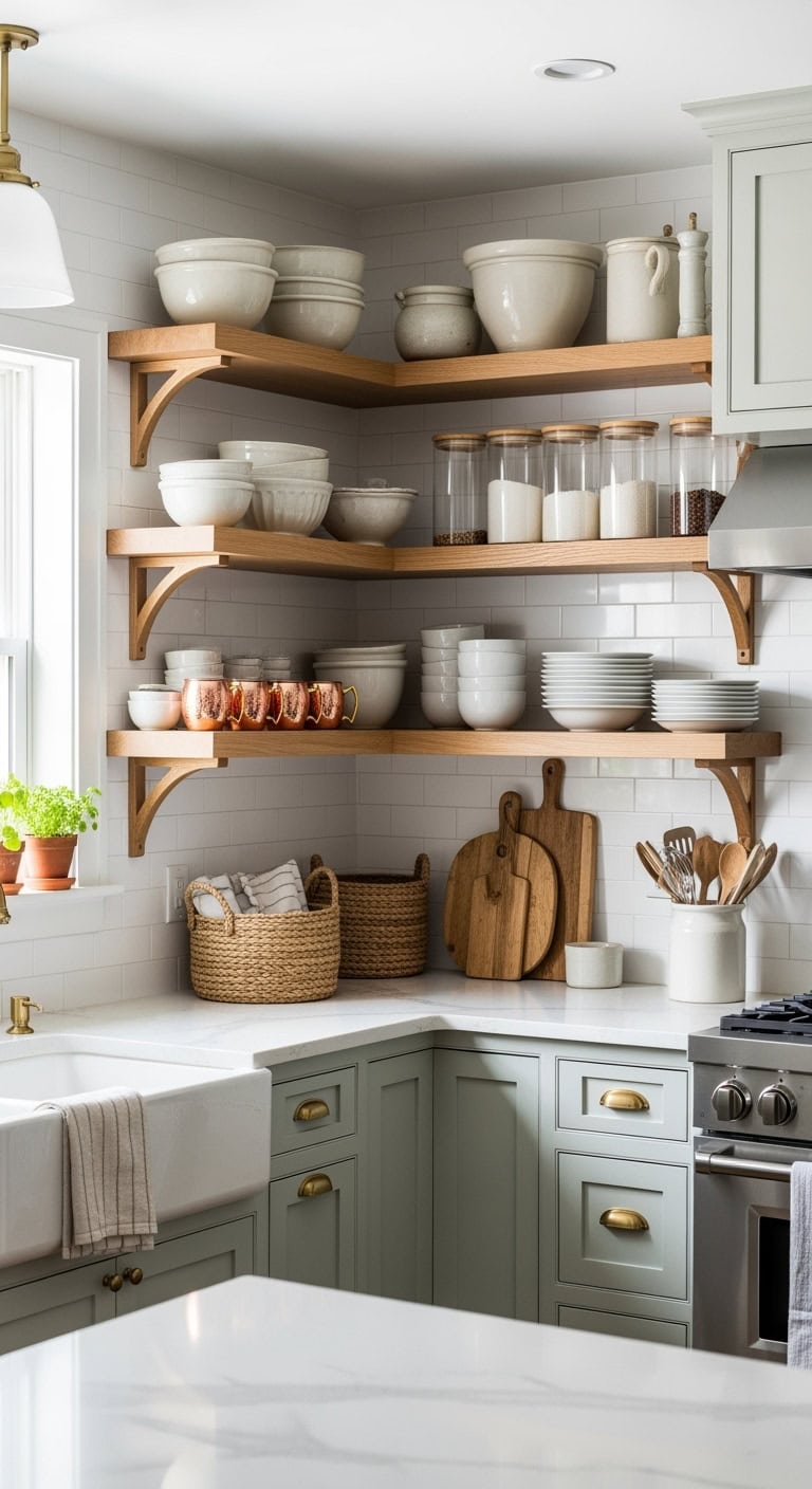 stylish open shelving in kitchen