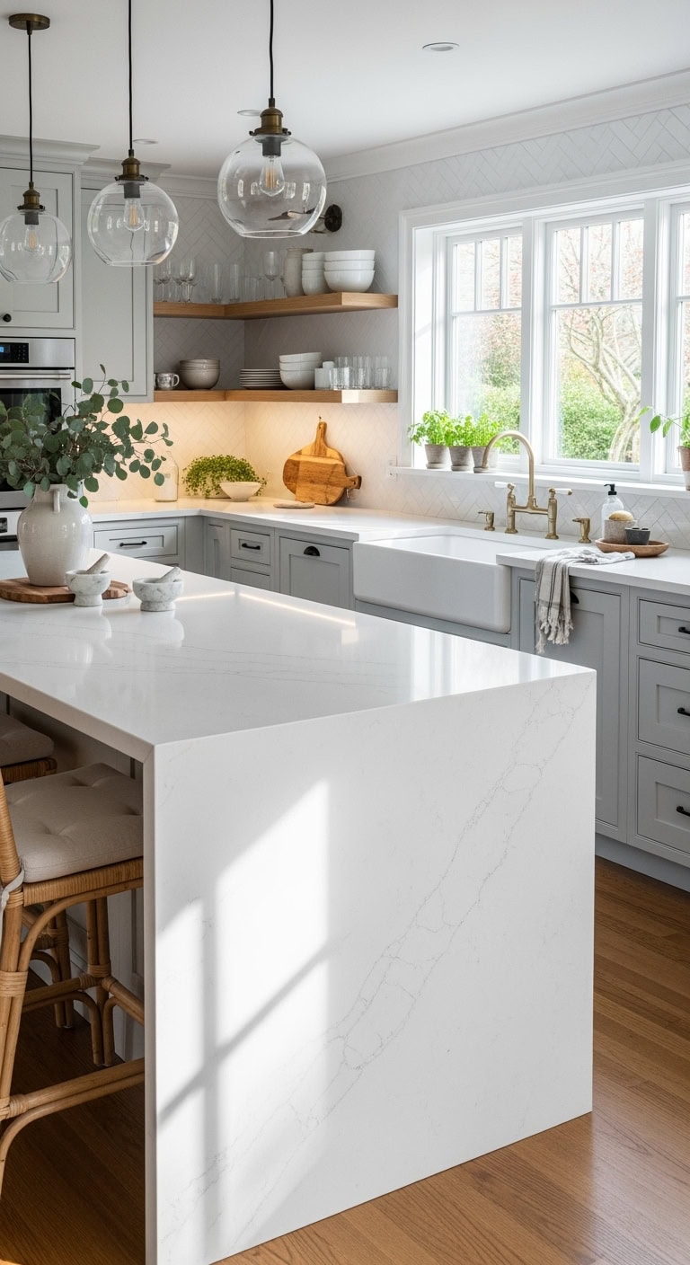 modern kitchen with waterfall quartz countertop