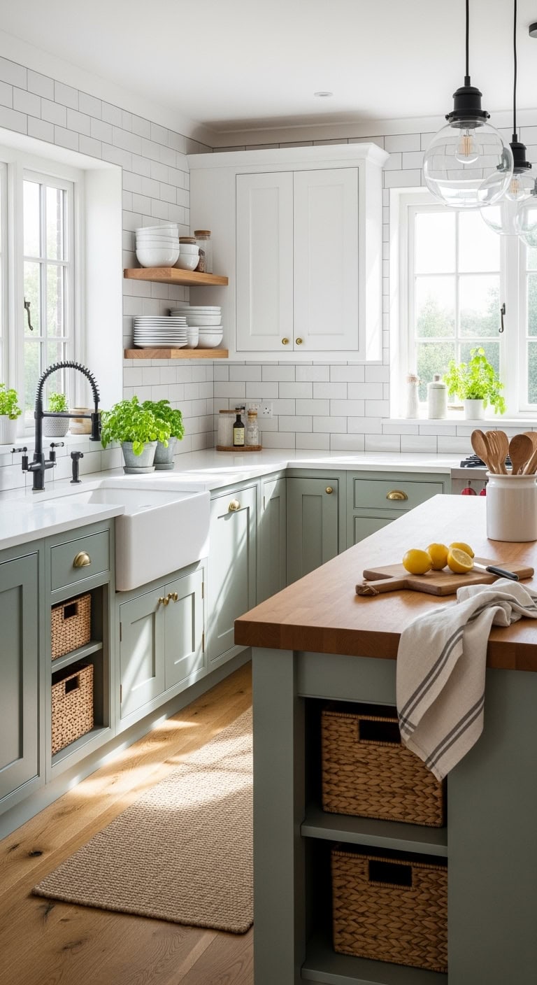 modern farmhouse kitchen with sage cabinets