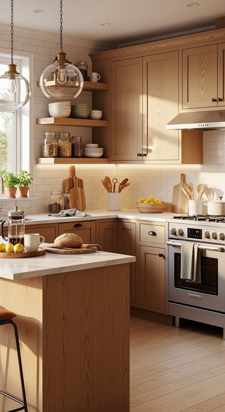 warm natural oak kitchen cabinets