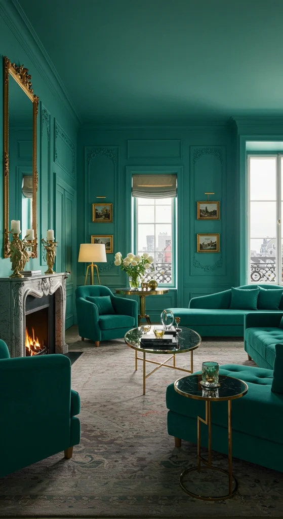 Modern velvet sofa in teal living room