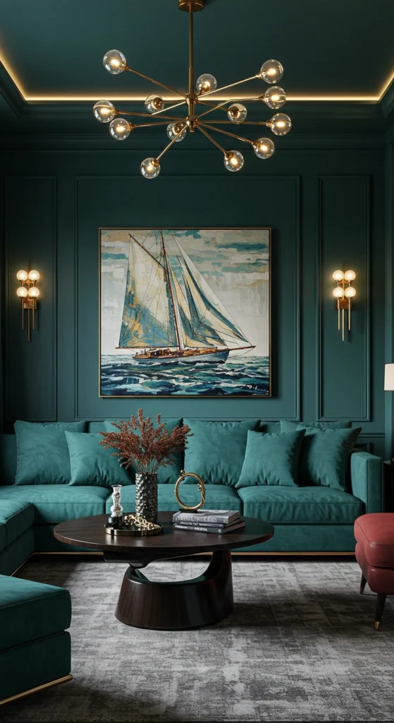 Abstract artwork in teal living room