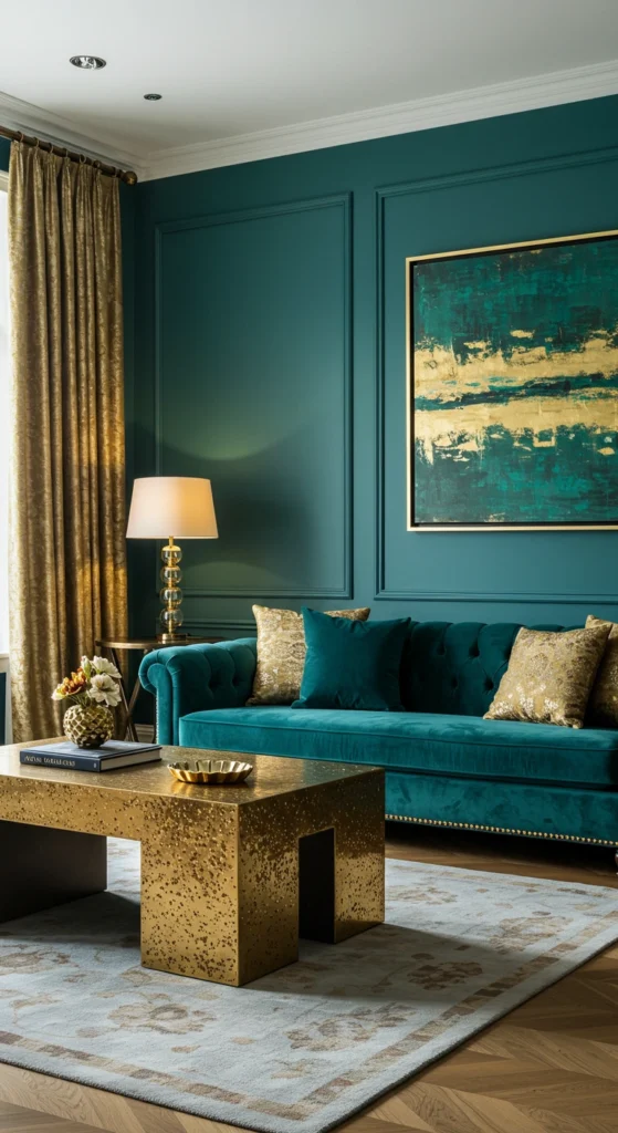 Cozy and luxurious teal living room
