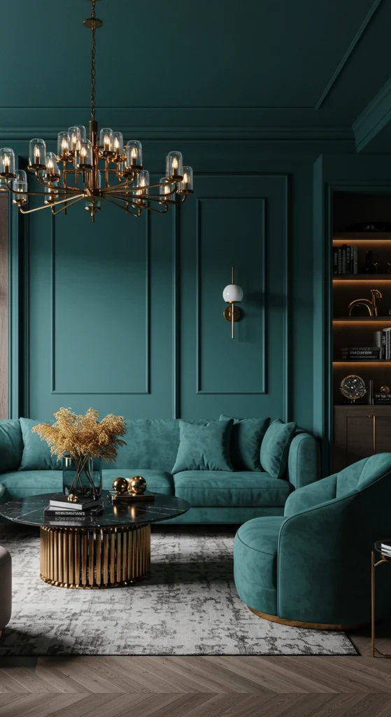 Dramatic lighting in teal living room