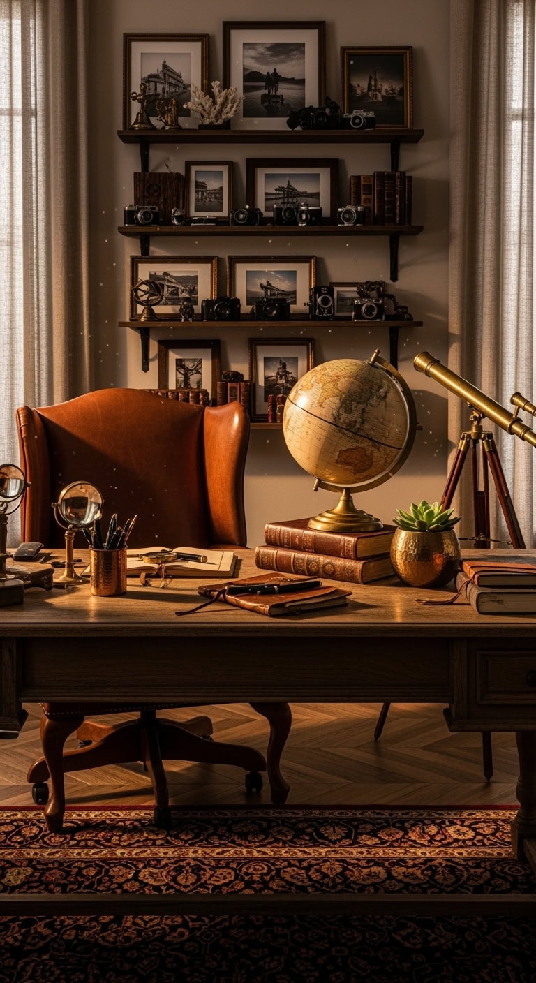 vintage globe on desk with eclectic decor