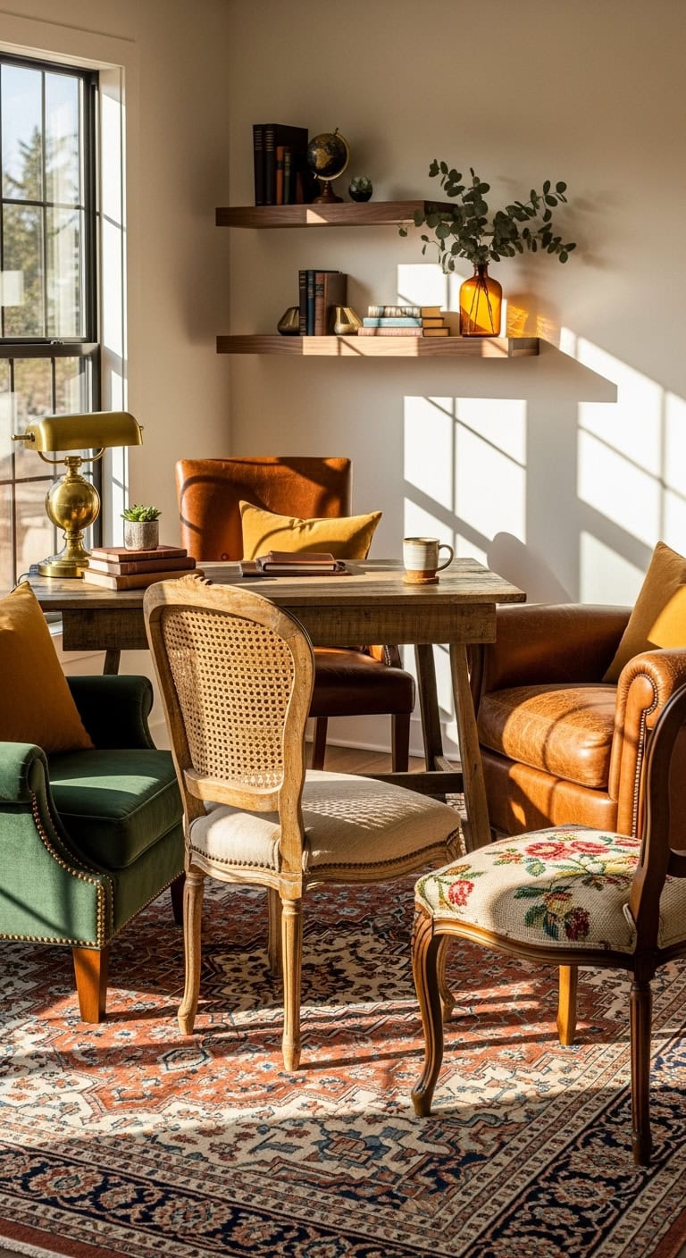 collection of mismatched vintage chairs