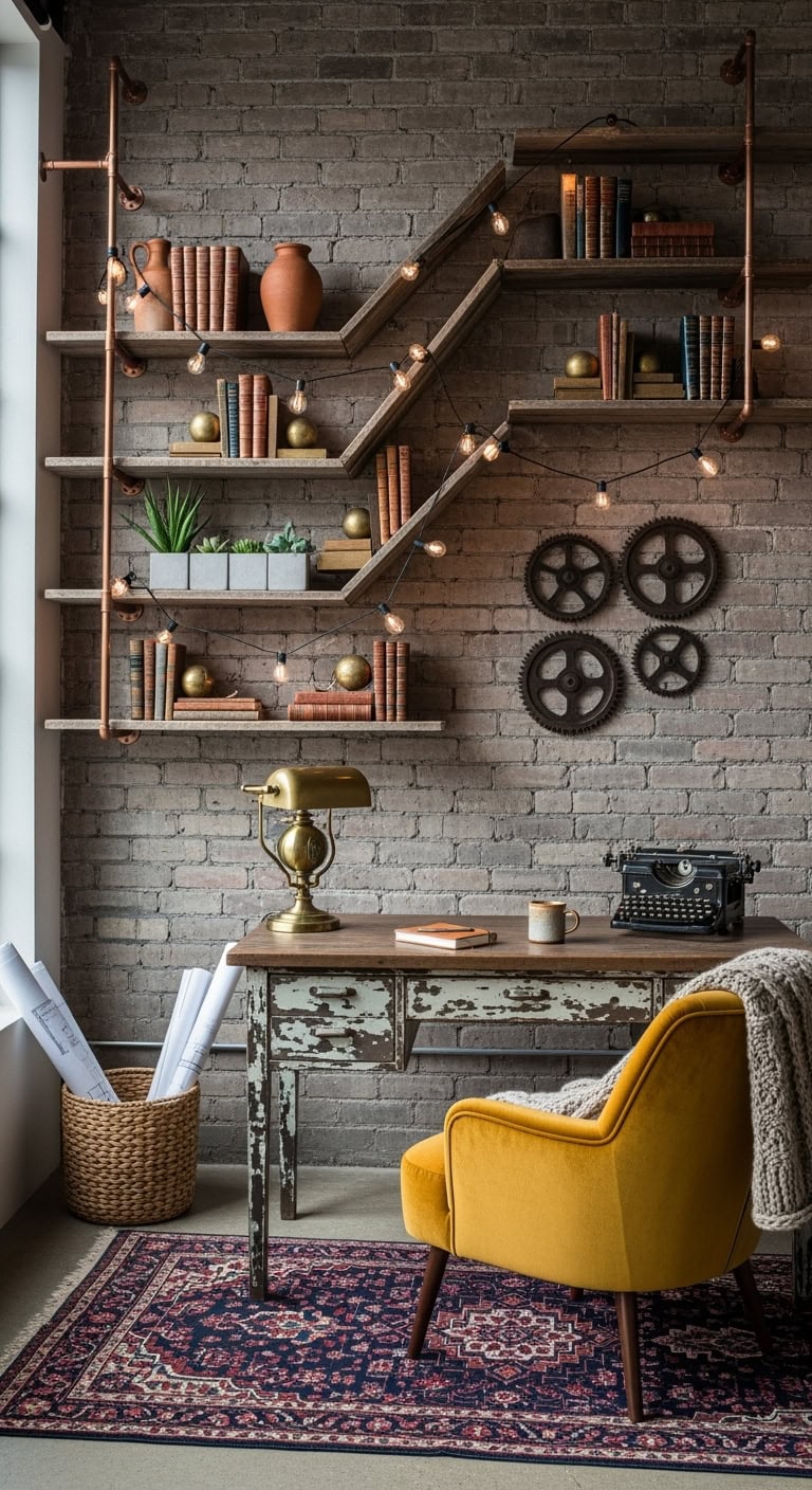 industrial pipe shelving with eclectic decor
