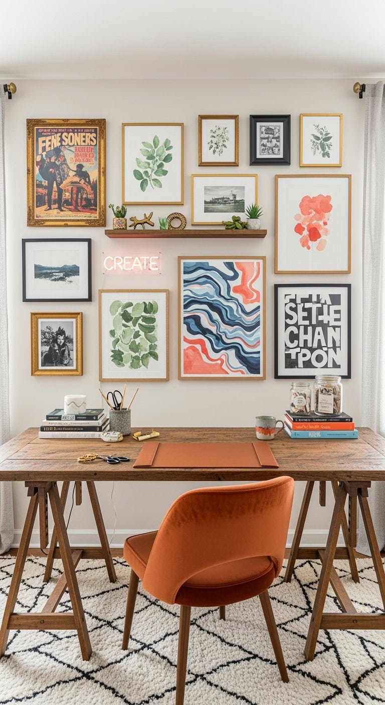 gallery wall with mixed art styles