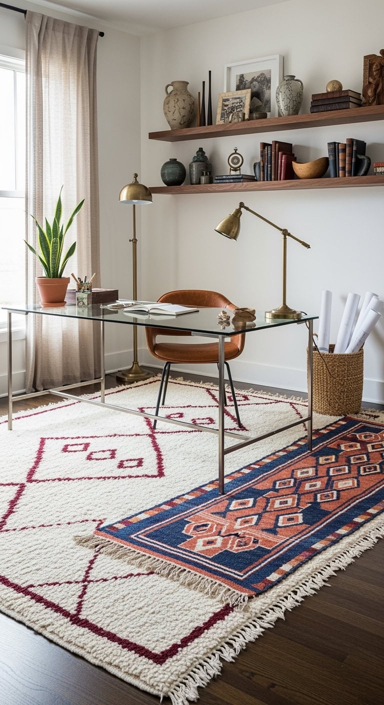 layered Moroccan rugs in office