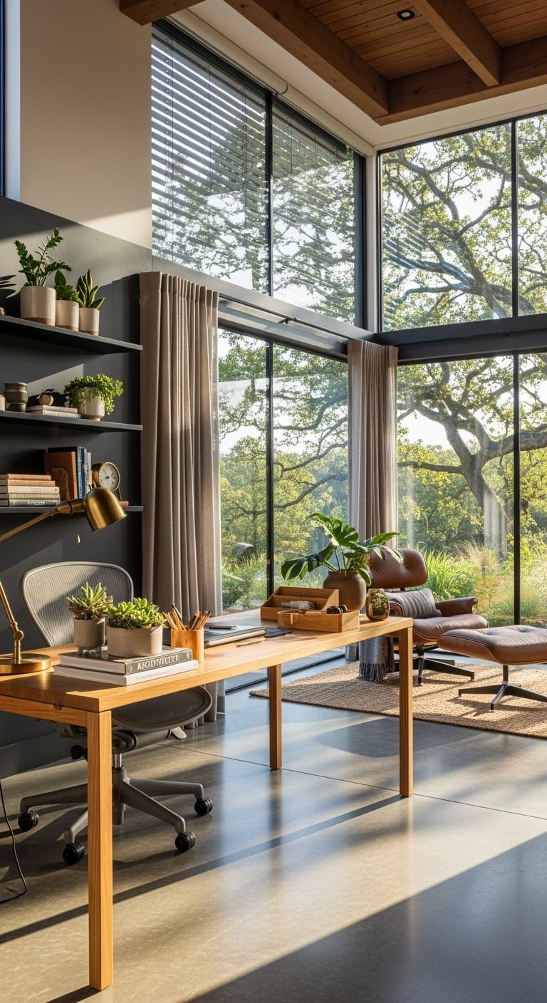 workspace with expansive window walls and nature views