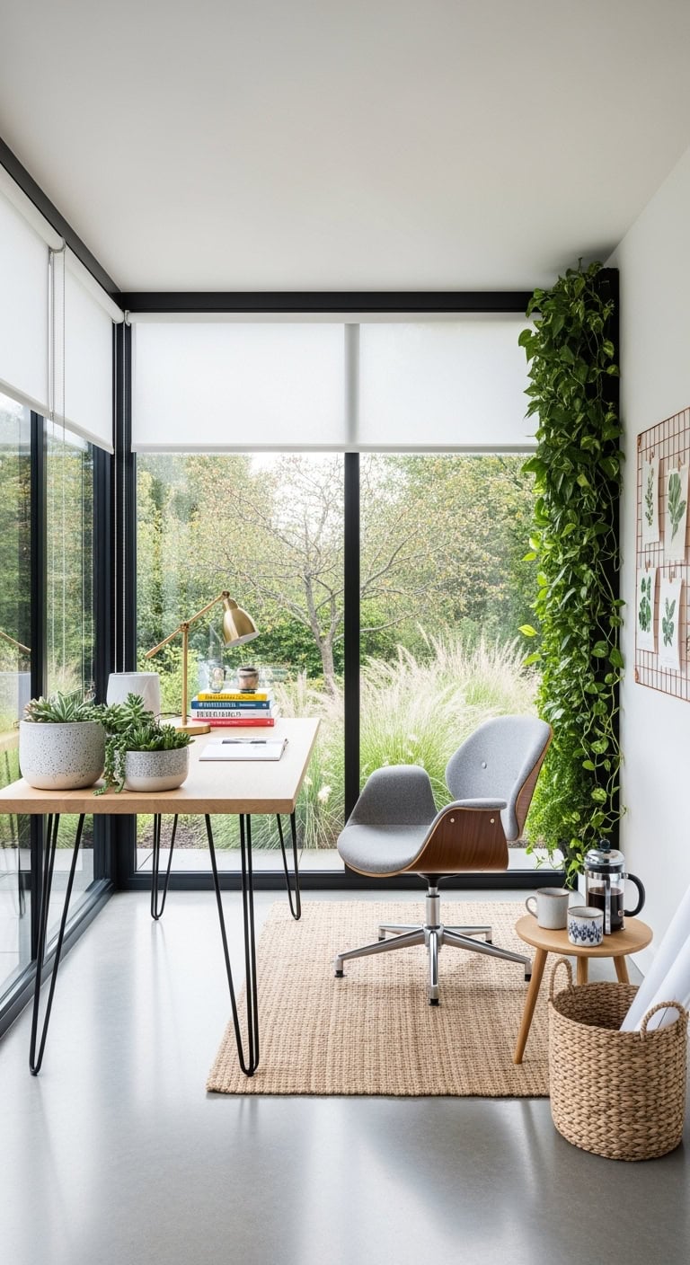 minimalist glass garden office with natural light