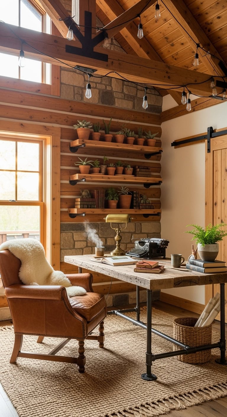 warm rustic log cabin office