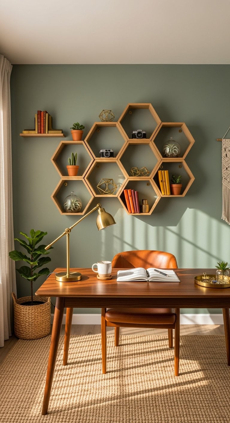 hexagon shelves create visually dynamic display
