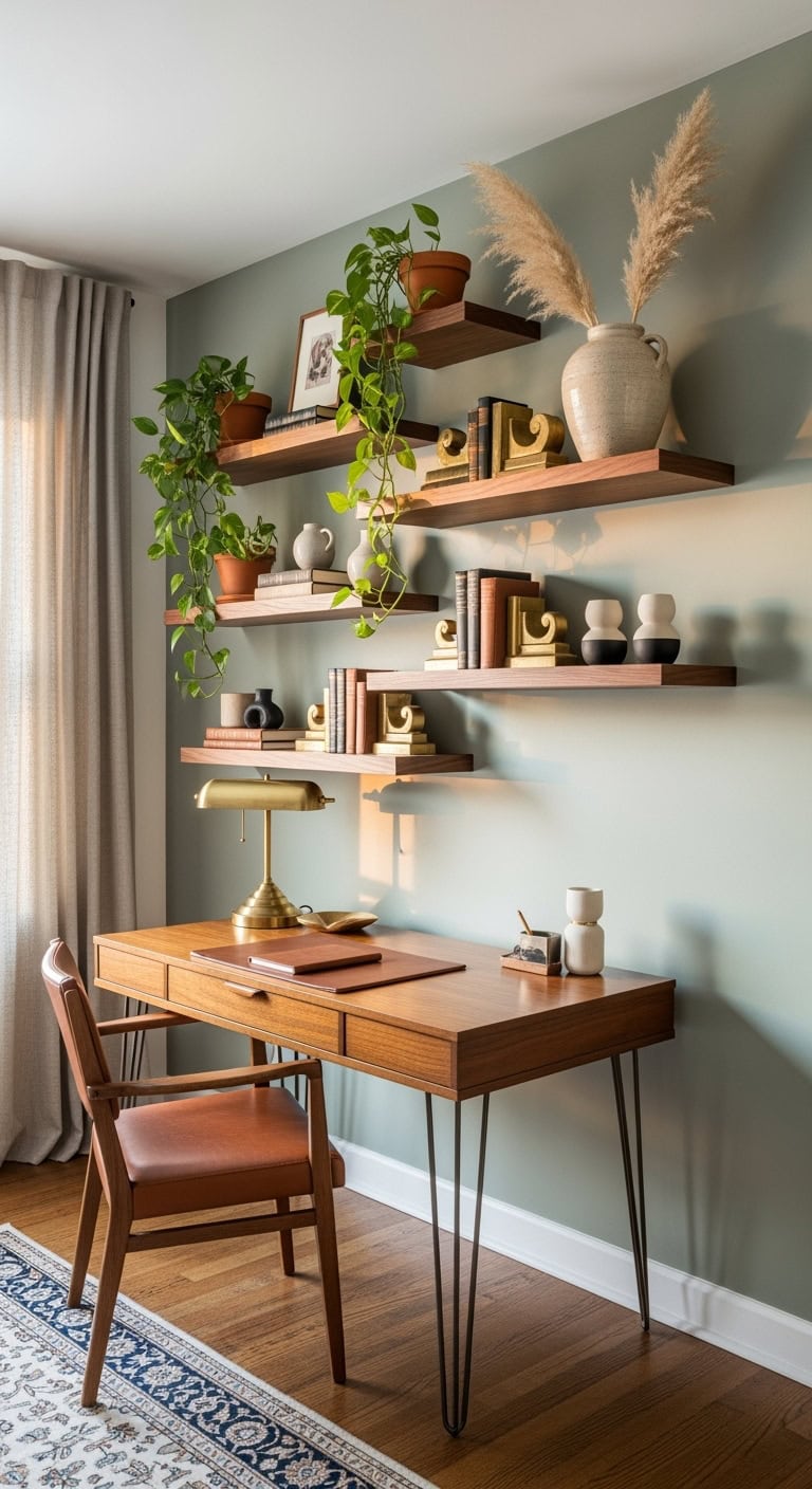 dynamic cascading walnut shelves
