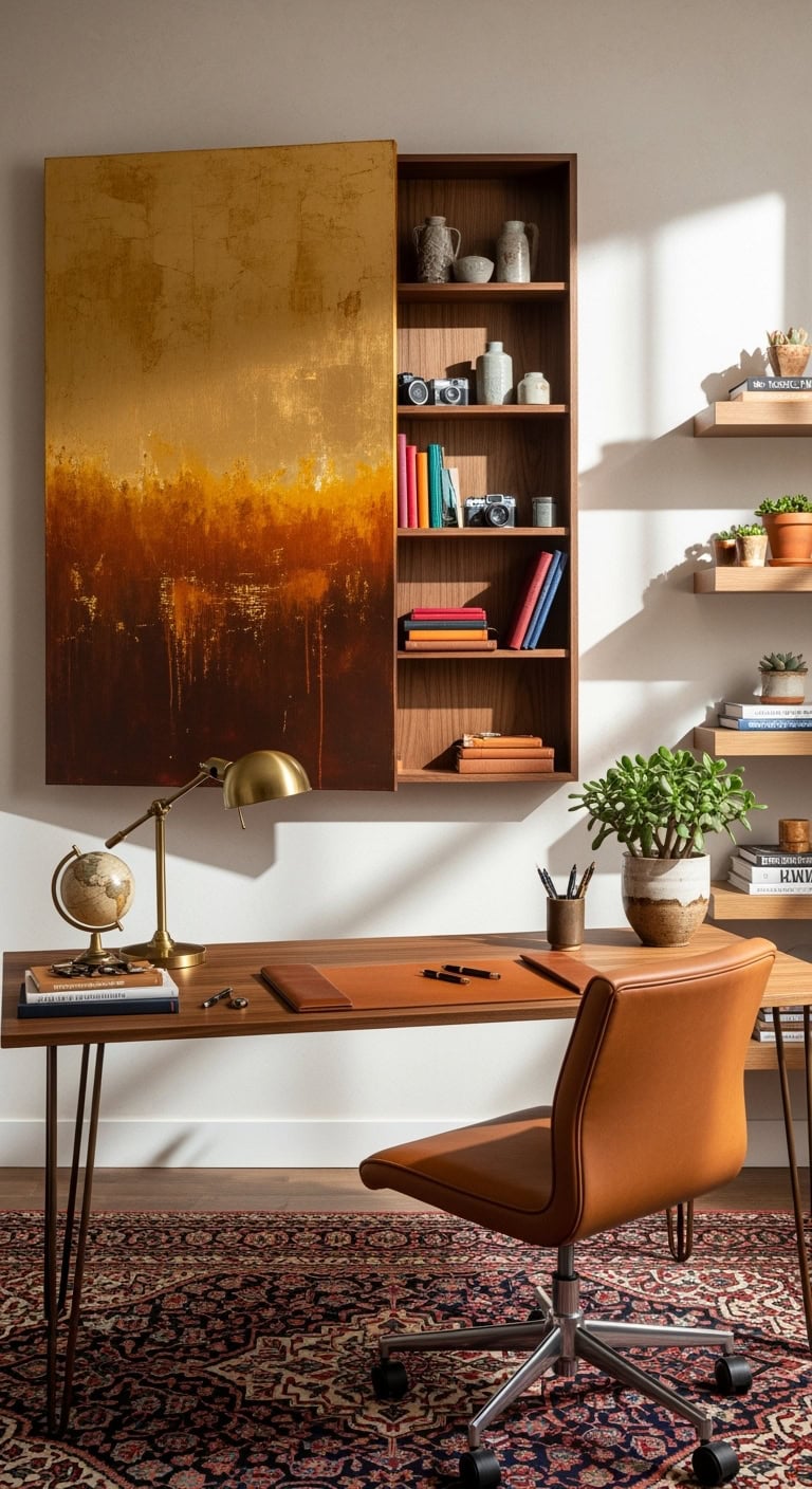 concealed shelves behind decorative artwork
