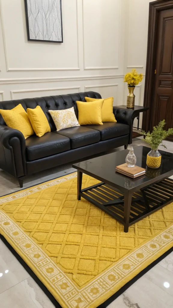Black leather sofa with yellow pillows