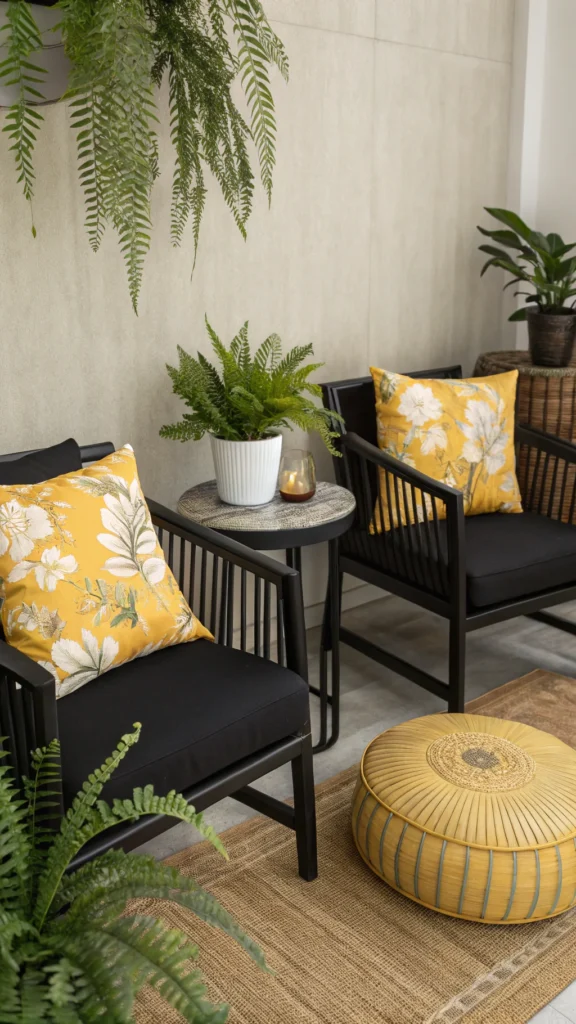 Black furniture with yellow floral cushions