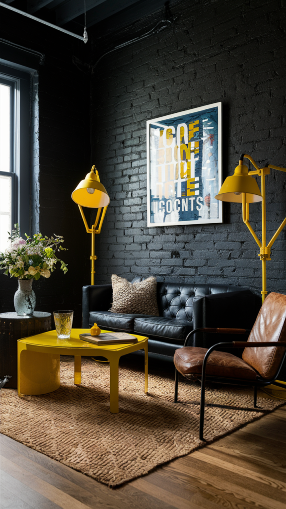 Industrial style living room with black and yellow accents