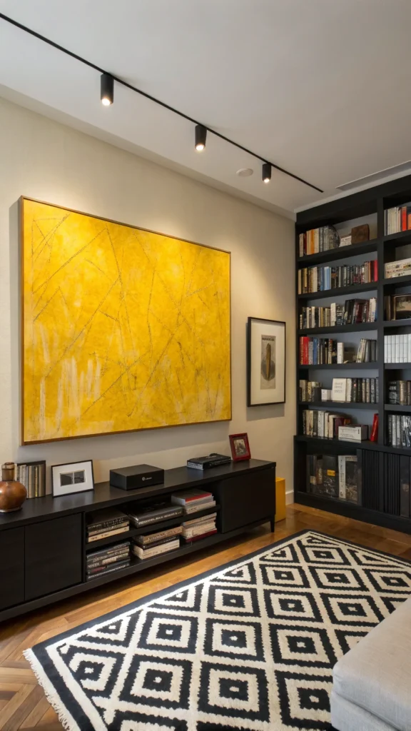 Living room with yellow abstract painting