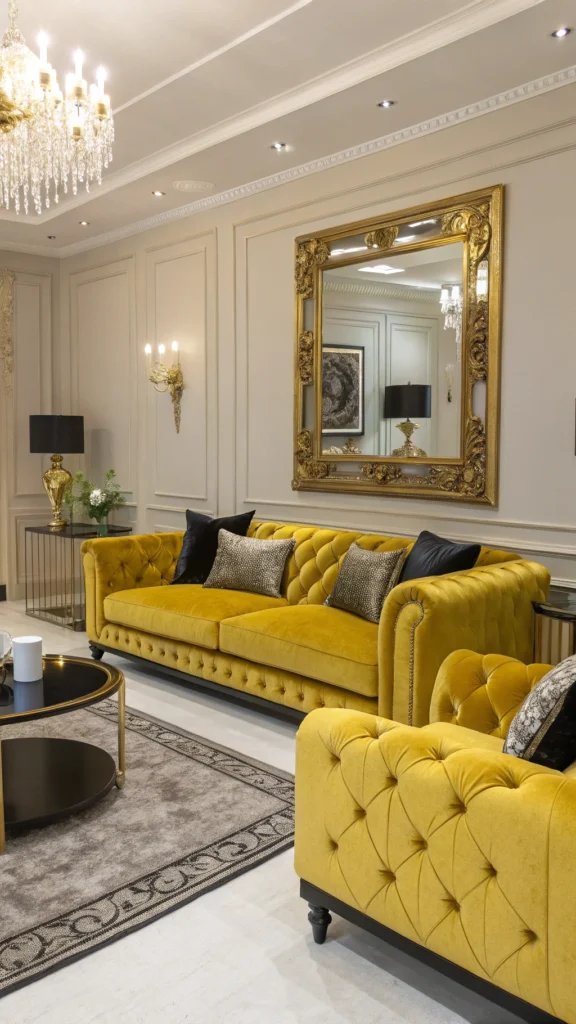 Yellow velvet sofa with black cushions