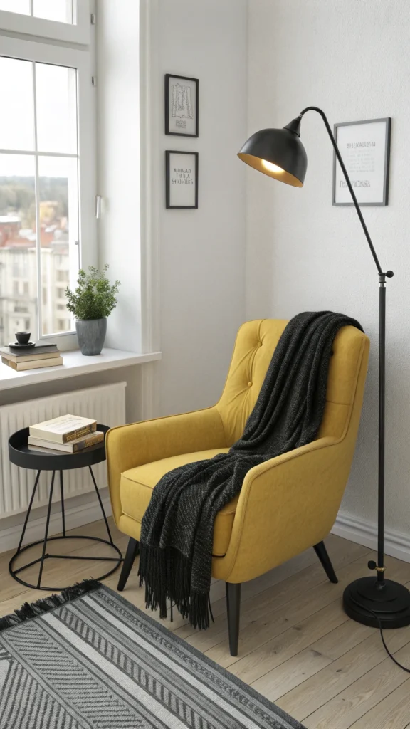 Cozy corner with yellow armchair and black lamp