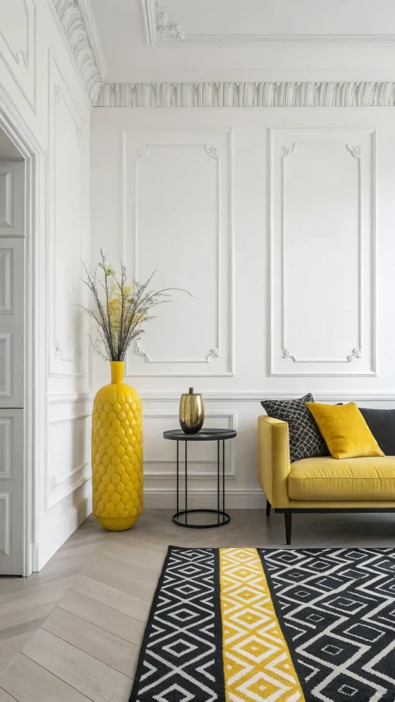 Minimalist living room with black and yellow accents