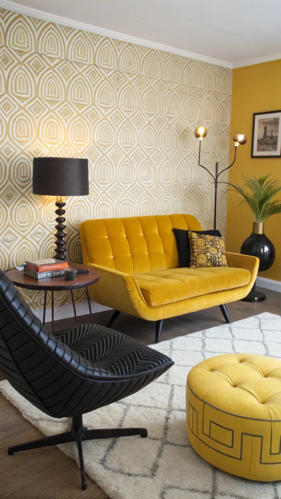 Retro living room with mustard yellow sofa