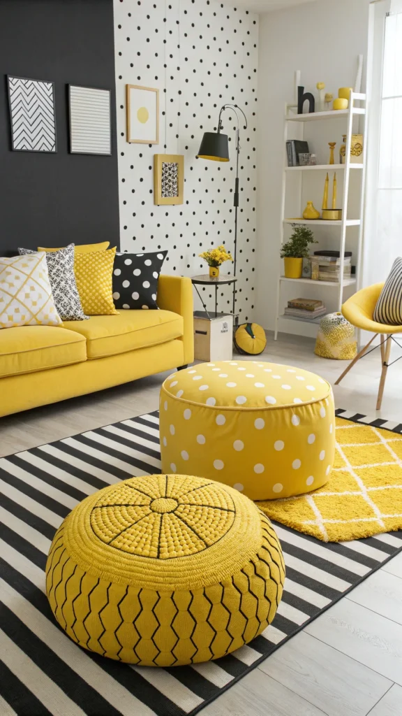 Eclectic living room with mixed black and yellow patterns