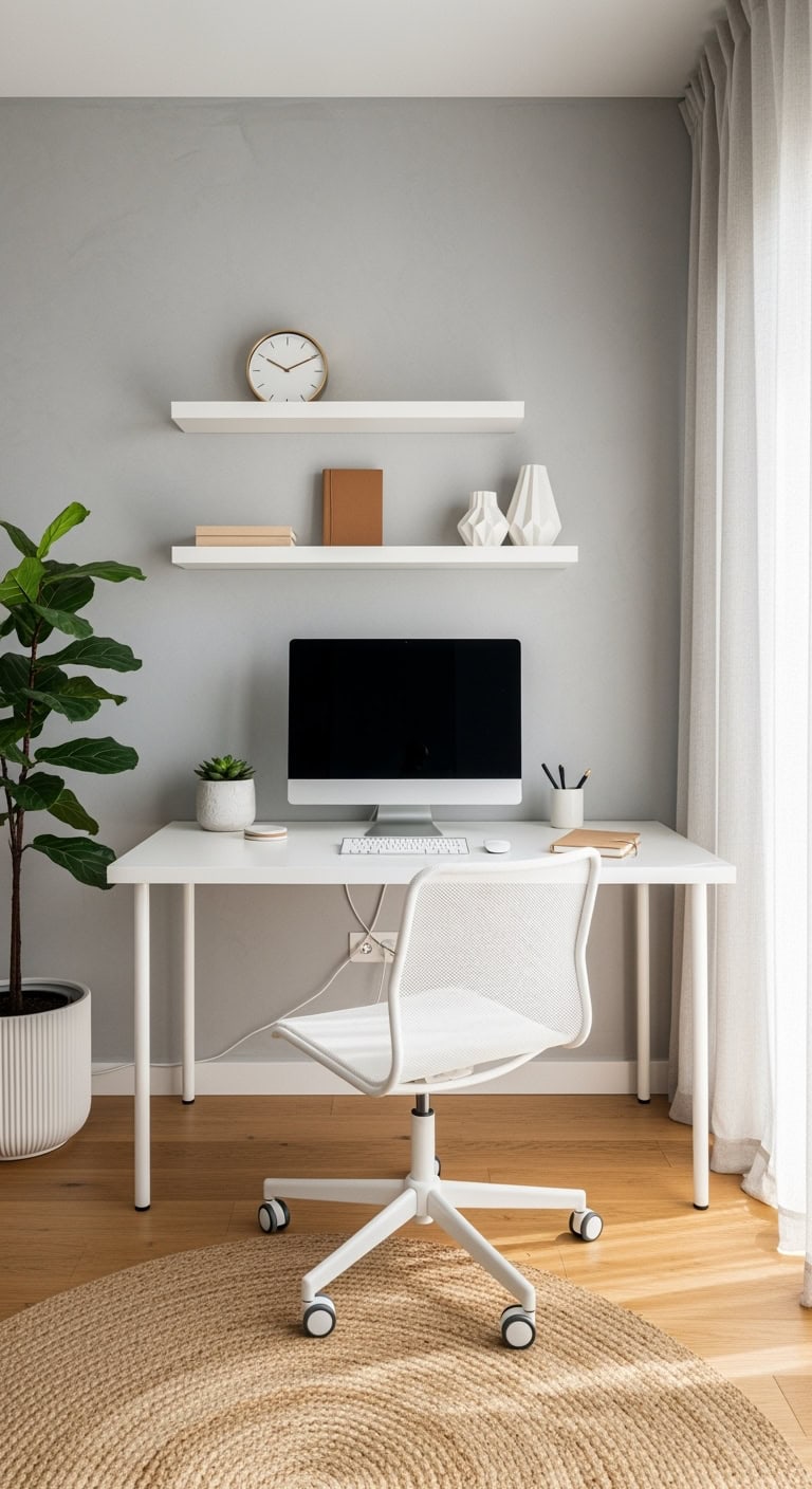 Minimalist white desk with natural light