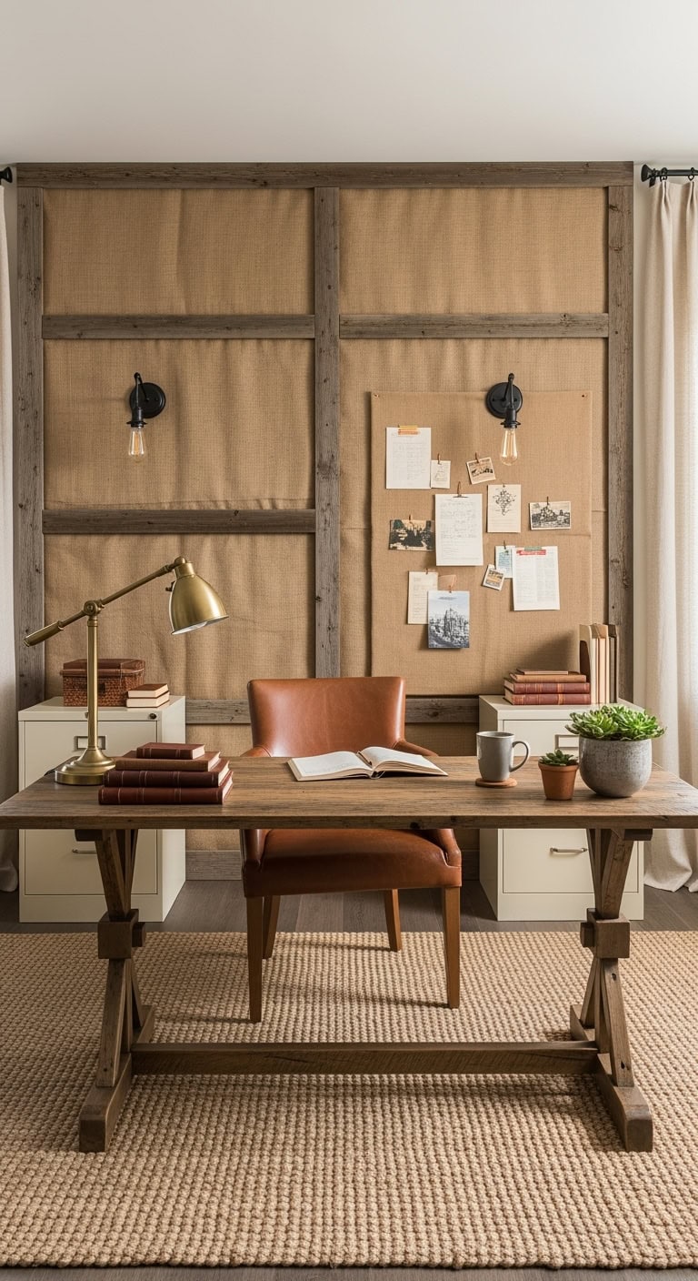 Rustic burlap wall office