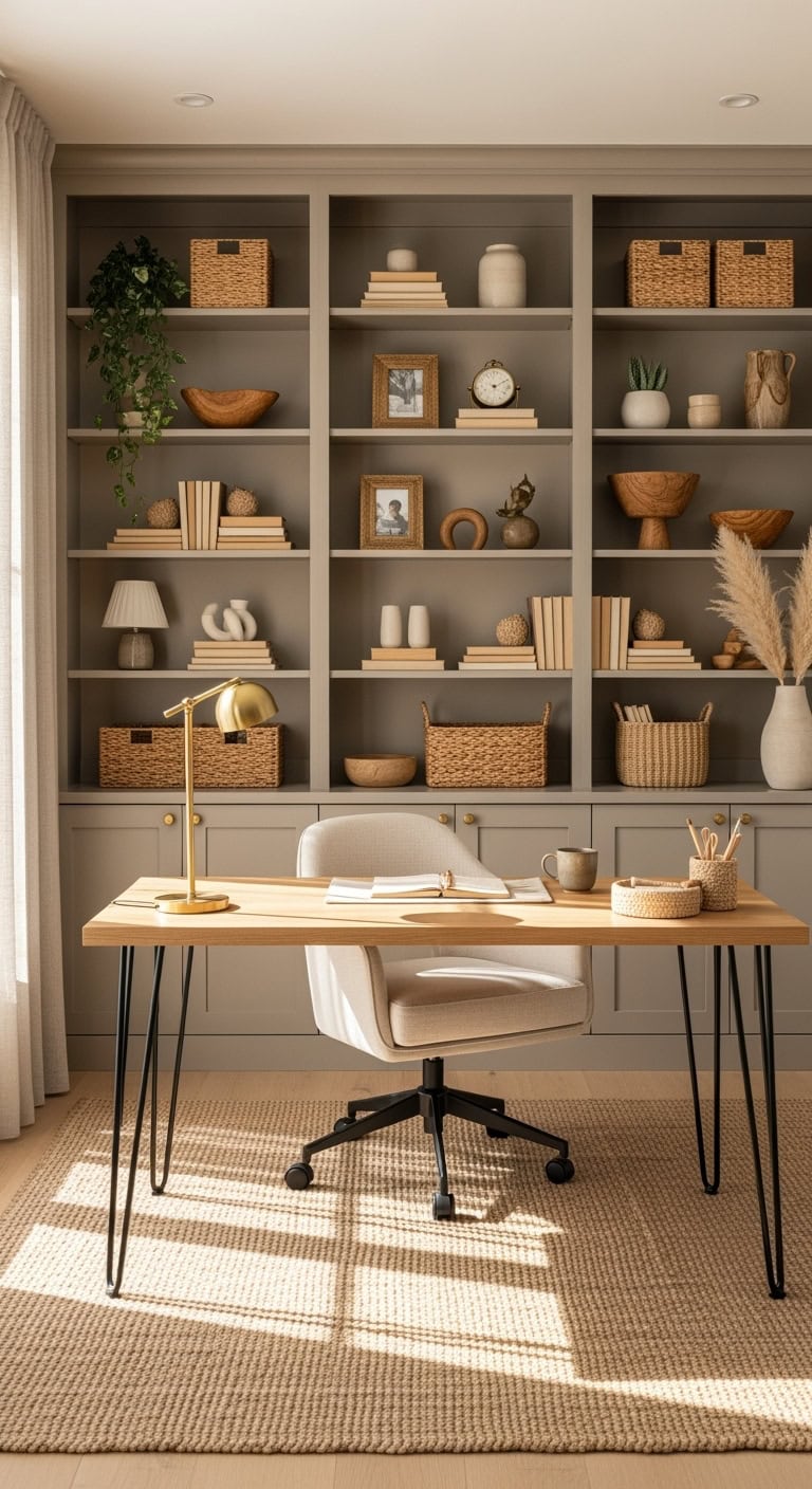 Greige built-in shelving