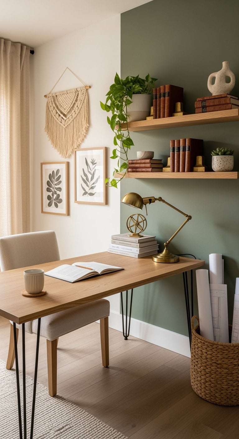 Sage green accent wall office