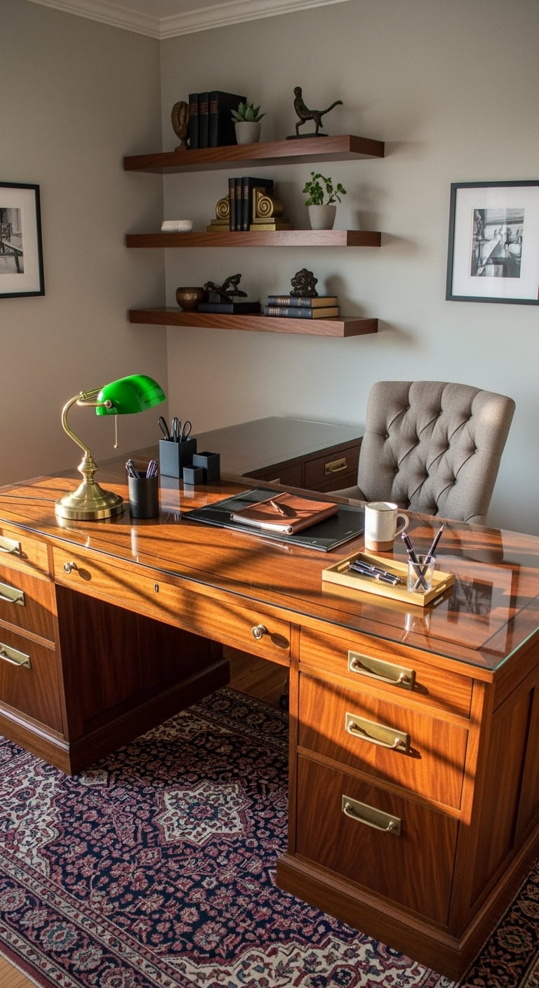 Sophisticated home office with dark wood desk