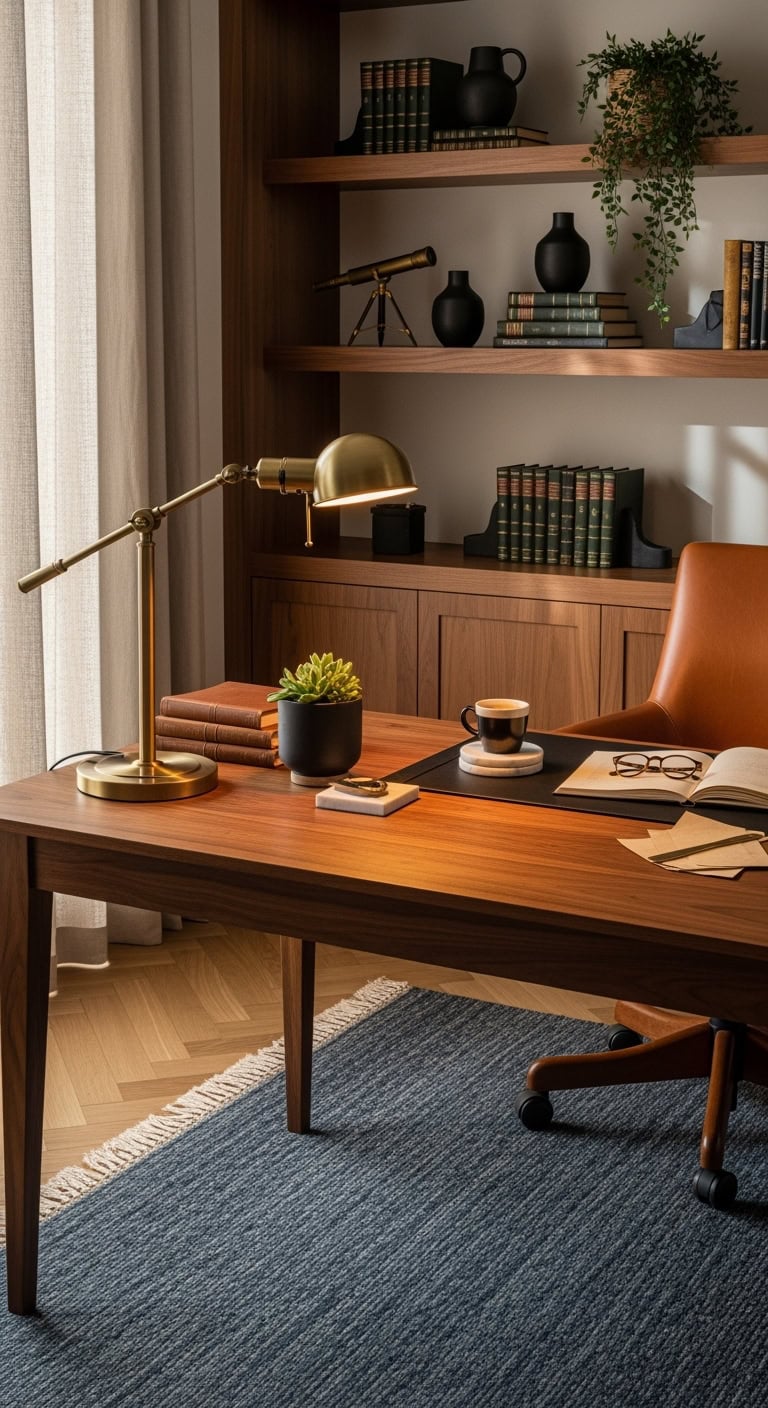 Cozy vintage-inspired workspace with brass lamp