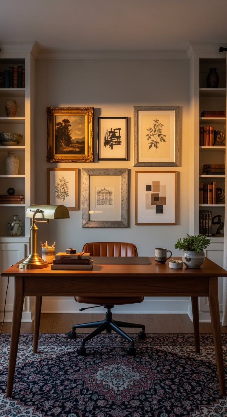 Gallery wall mixing vintage and modern art