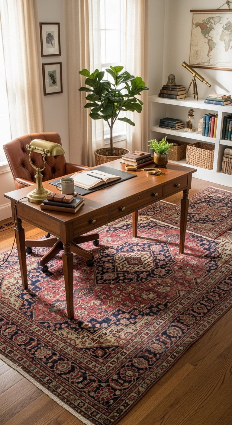 Vintage rug anchoring workspace