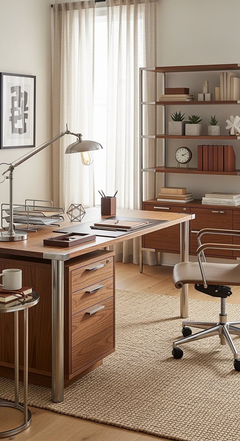 Elegant office decor blending wood and chrome