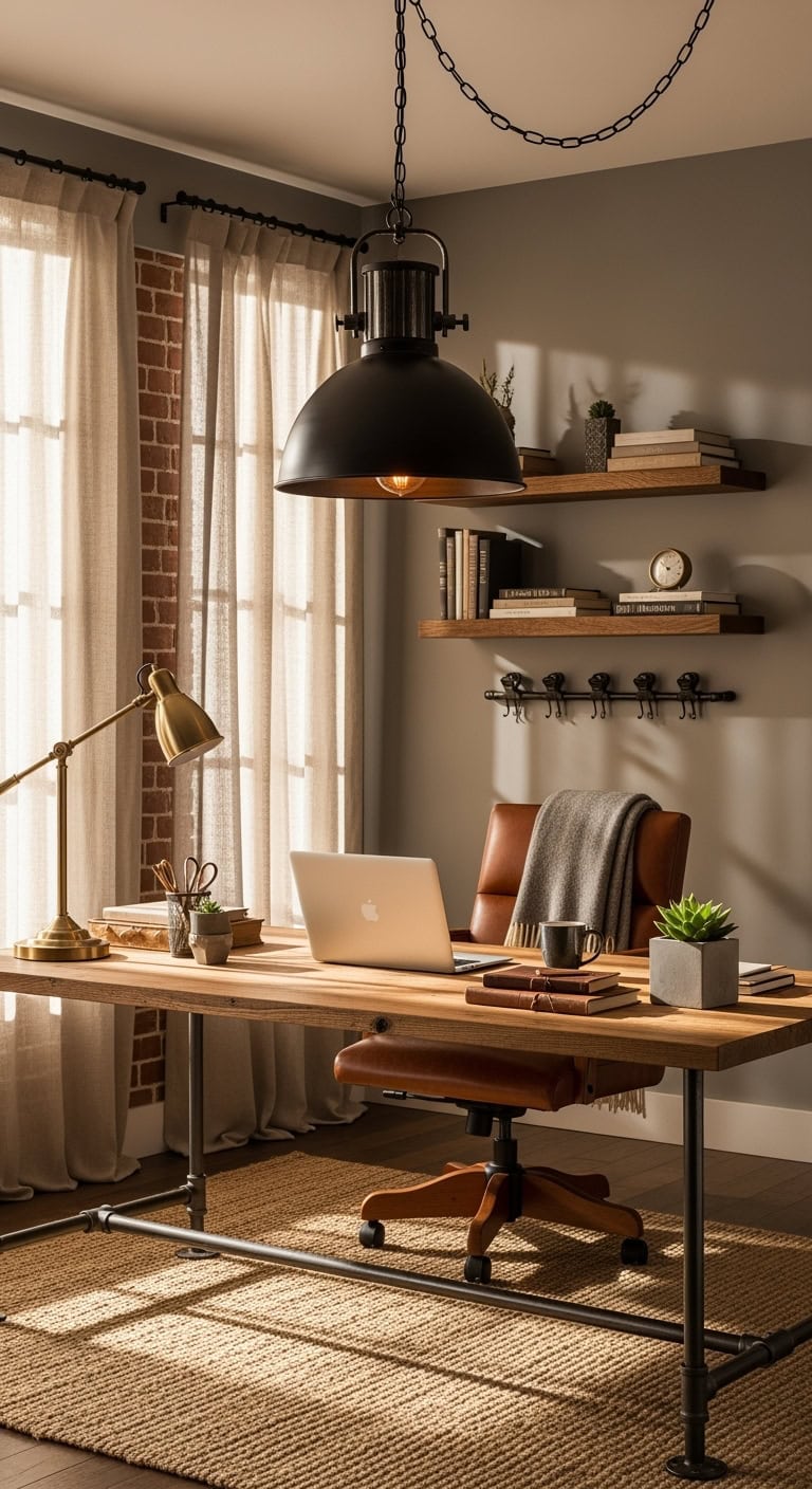 Warm industrial pendant light over desk