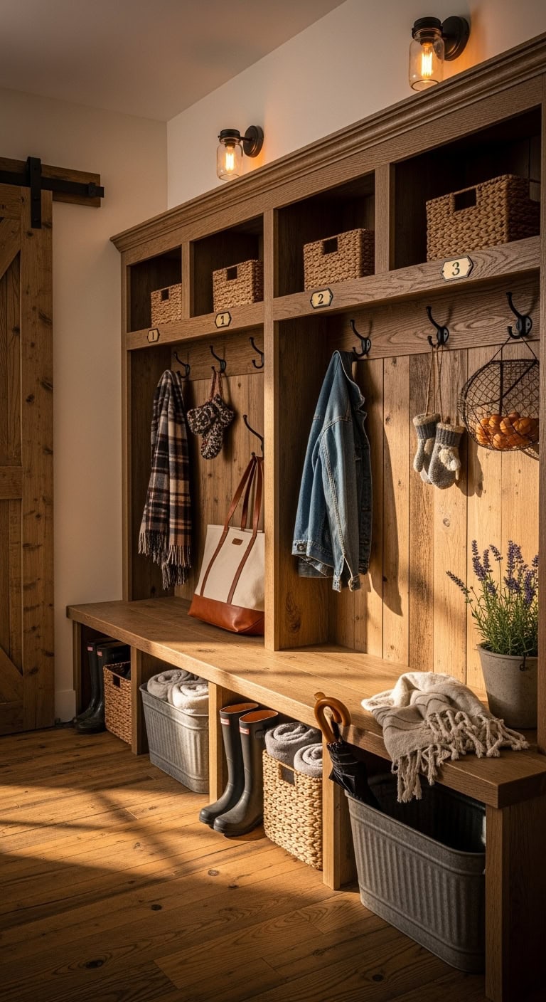 rustic farmhouse mudroom lockers with bench
