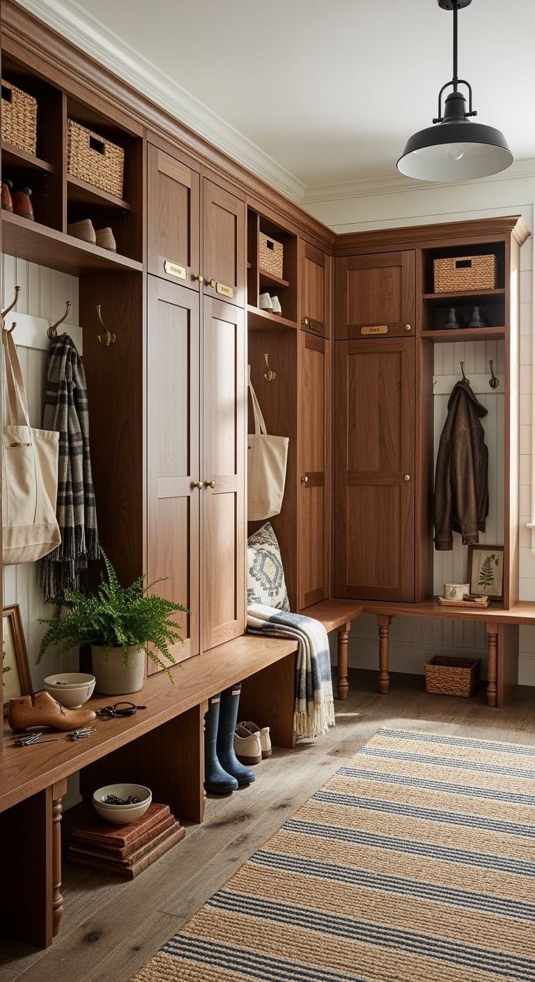 rustic wooden mudroom lockers with bench