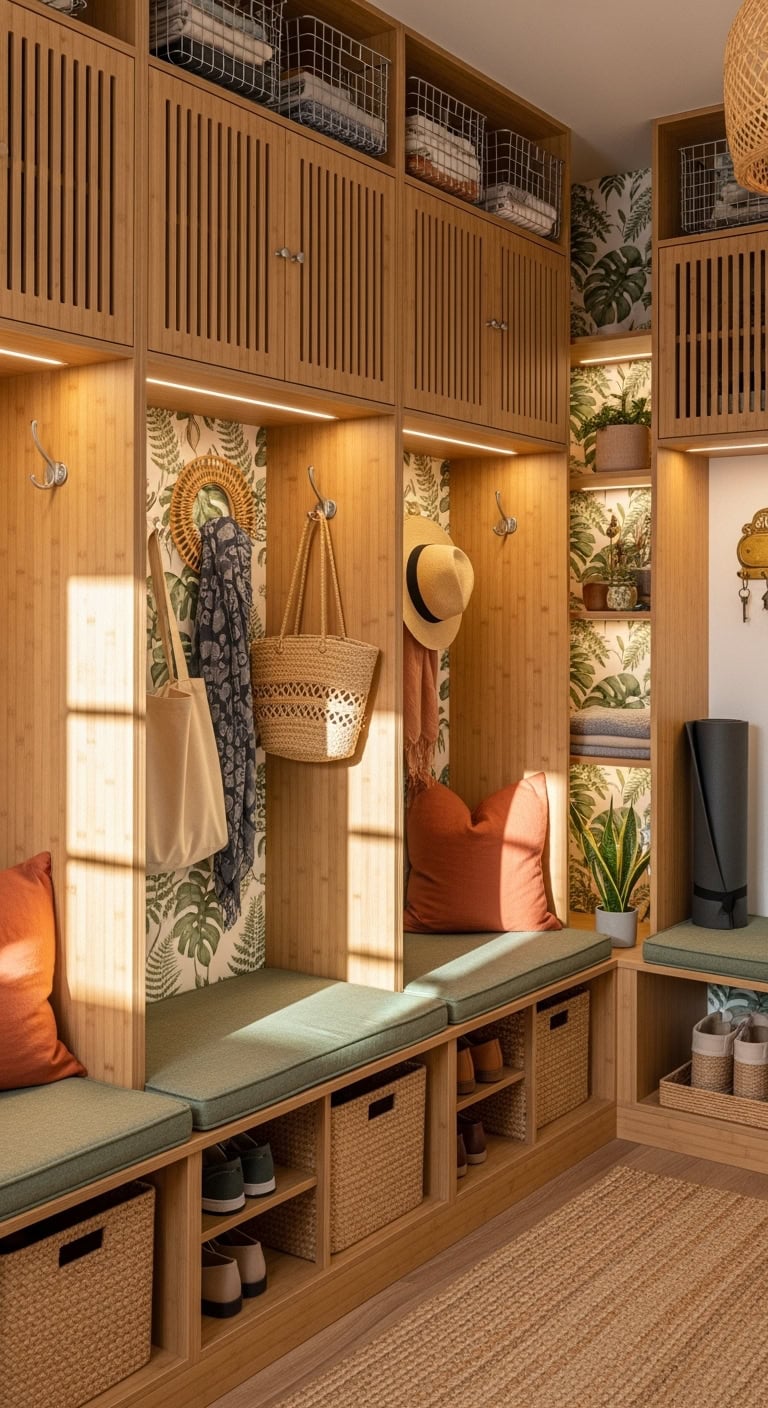 bamboo mudroom lockers with natural finish