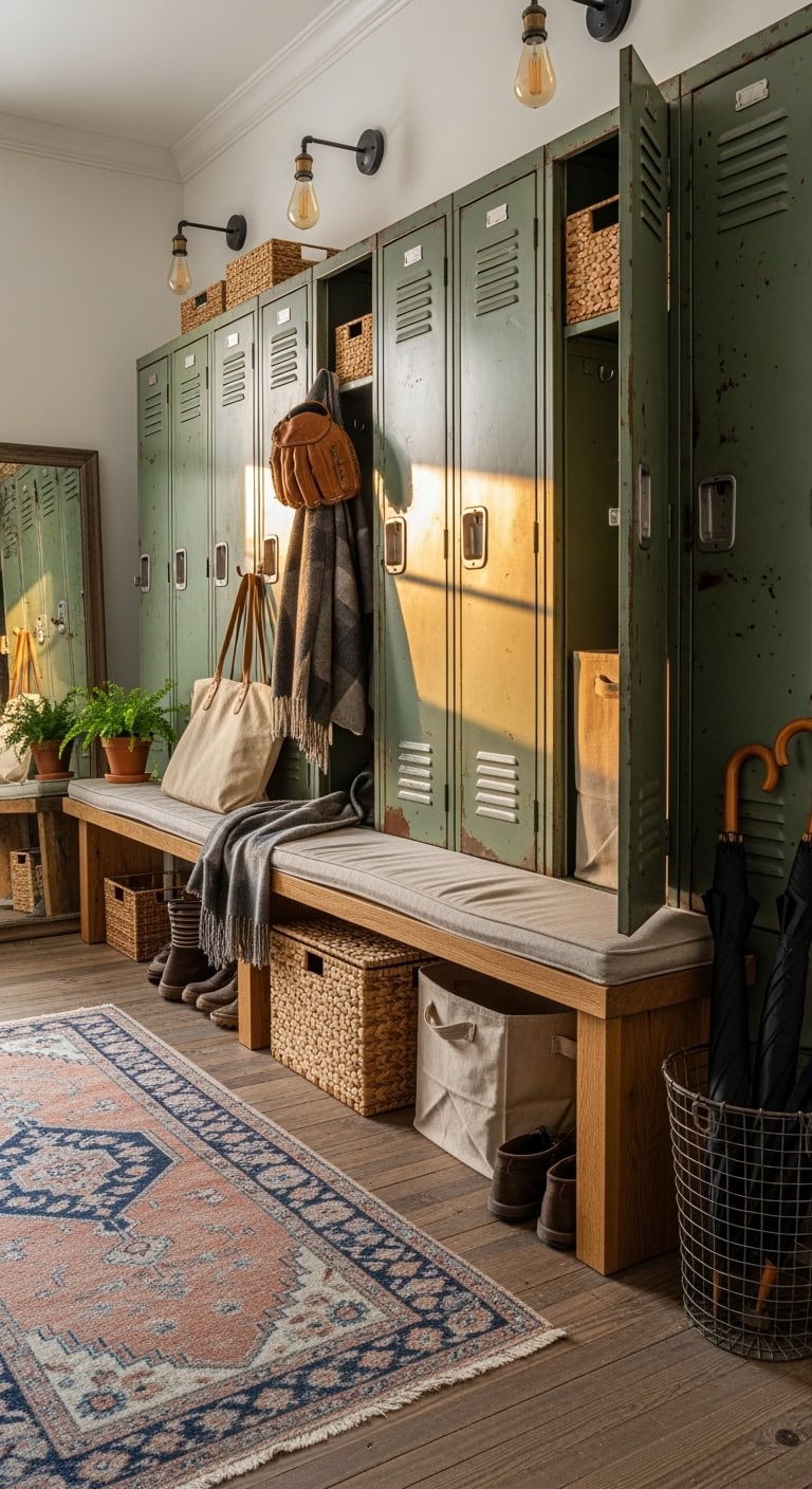 vintage metal gym lockers in mudroom
