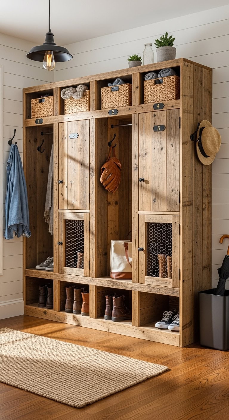 reclaimed wood mudroom lockers