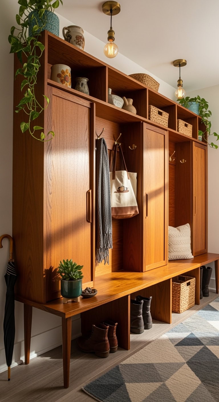 mid-century teak mudroom lockers