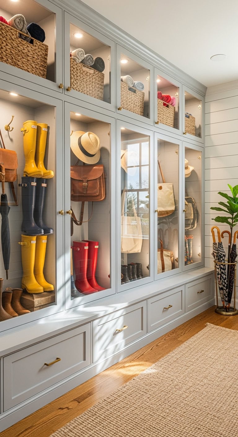 glass-front mudroom lockers