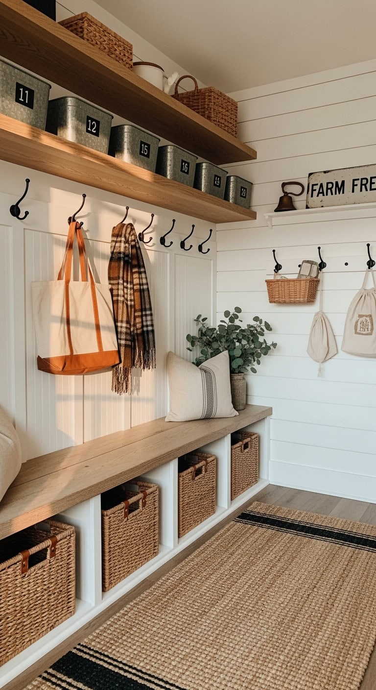 cozy farmhouse mudroom storage solutions