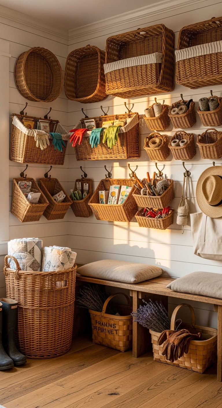 artfully curated vintage basket storage