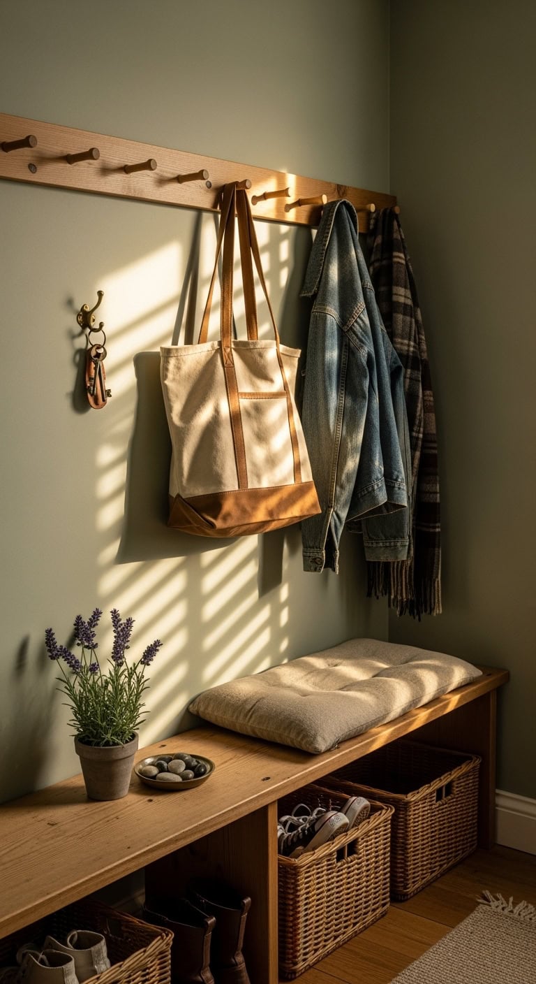 intentional functional farmhouse inspired mudroom storage