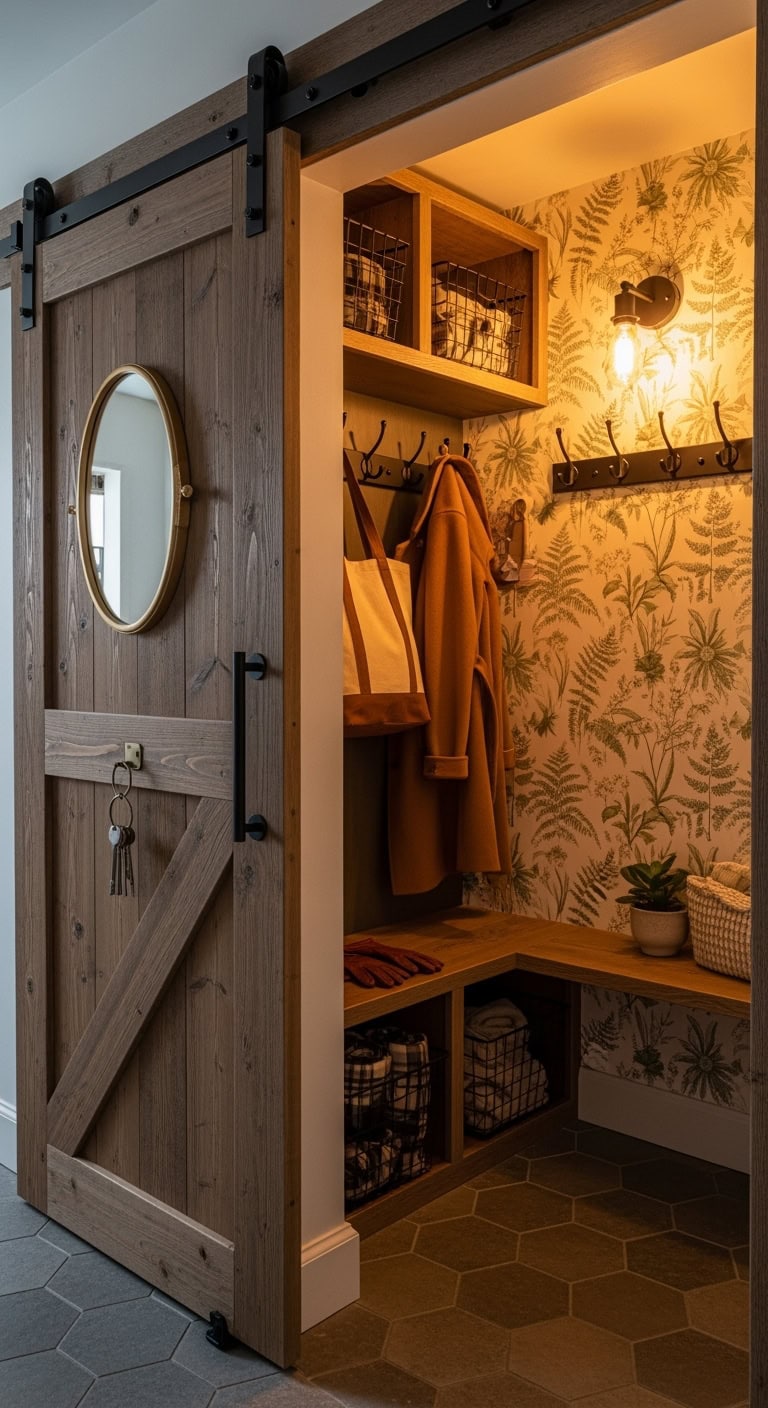 concealed mudroom behind rustic barn door