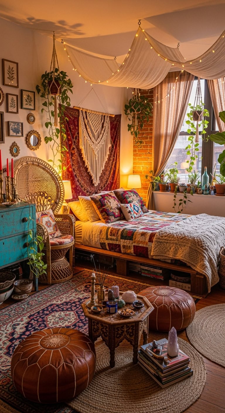 bohemian eclectic layered cozy bedroom